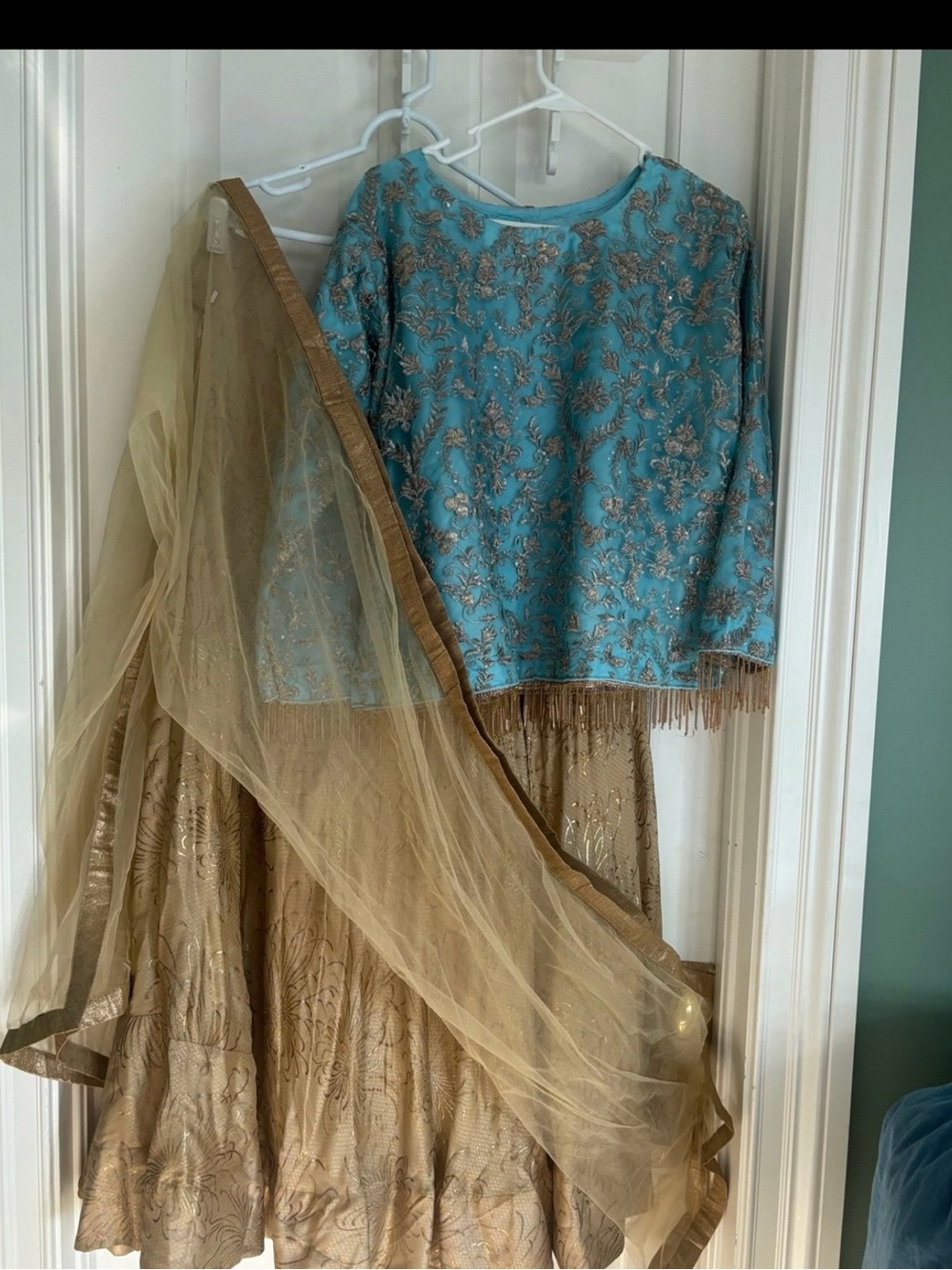 Designer 3  piece gold skirt , long Sky Blue blouse and long gold Dupetta. XL